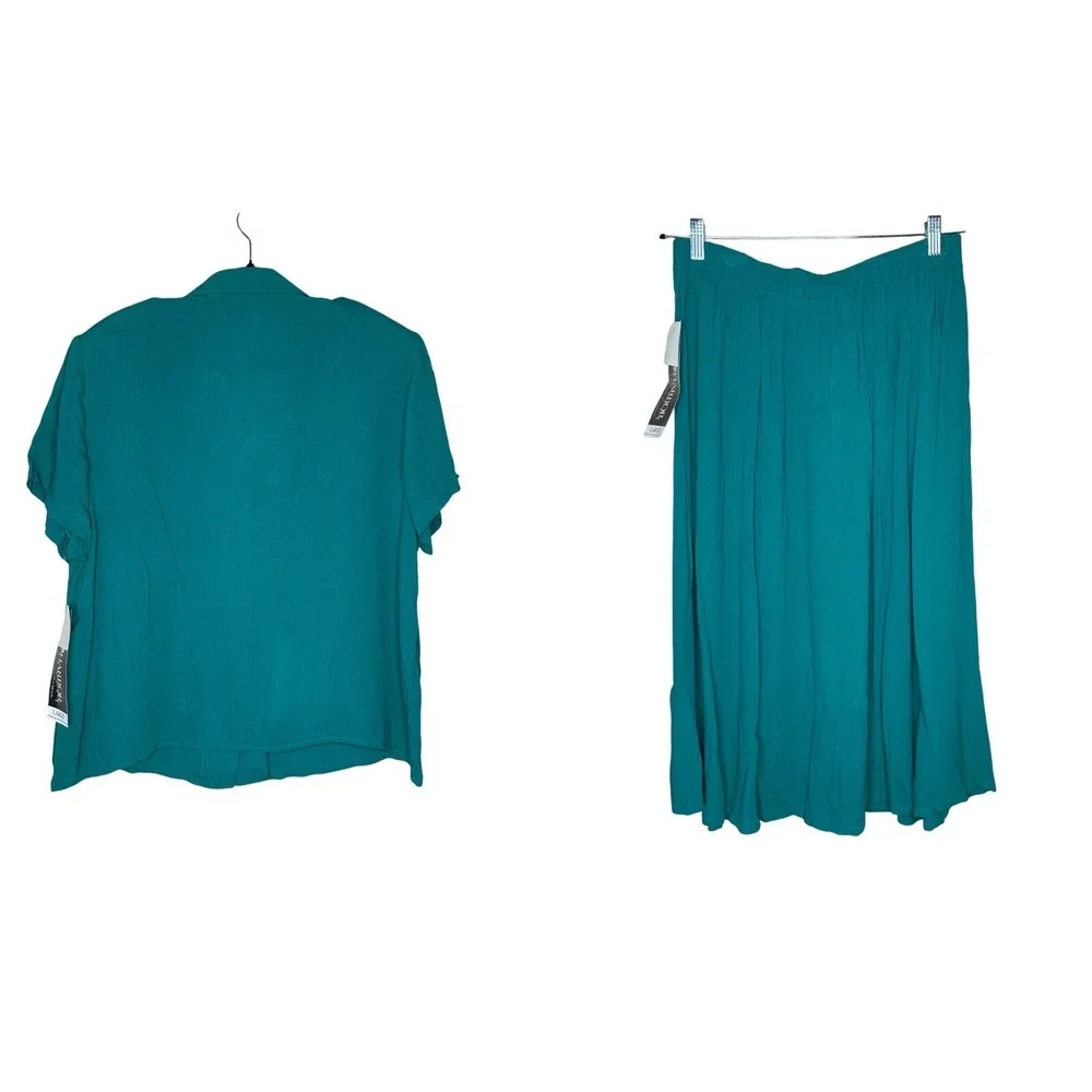 Sag Harbor Petite Teal Green Rayon Skirt Set Vintage Blouse Midi Skirt Large NWT
